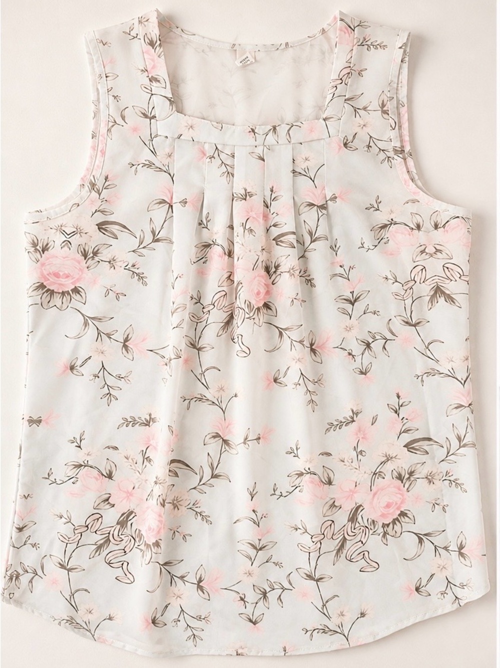Floral Pleated Sleeveless Blouse XL - Soft Pink & Cream Casual Chic
